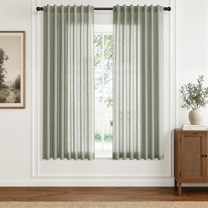 Hokibero Sage Green Linen Curtains 63 Inches Long Drapes for Living Room | Light Filtering Sheer Curtain 2 Panels, Back Tab Pocket Pleated Look, Green Privacy Drape for Bedroom Window, Boho Farmhouse