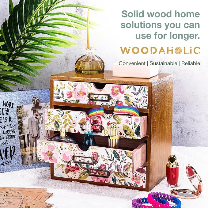 4-Drawer Vintage Desk Wood Storage Box With Drawers in Floral Chintz - Wooden Table Organizer I End Clutter & Dullness, Personalize Your Workspace - Beautiful Flower Design for Office & Home
