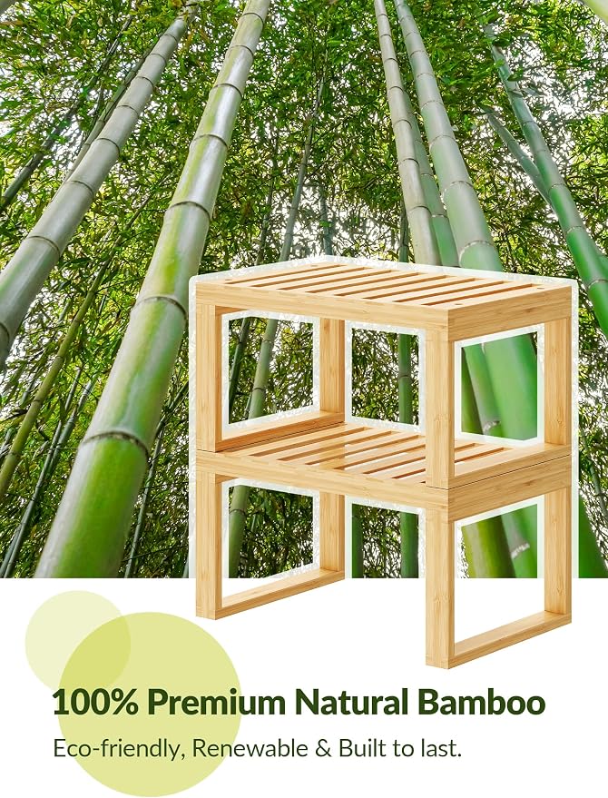 Tomorotec Bamboo Cabinet Organizer Shelf, 2 Pack Stackable Kitchen Counter | Slatted Drainage Top Prevents Water Buildup For Wet Dishes and Bathroom Use Eco Friendly Material Easy Assembly