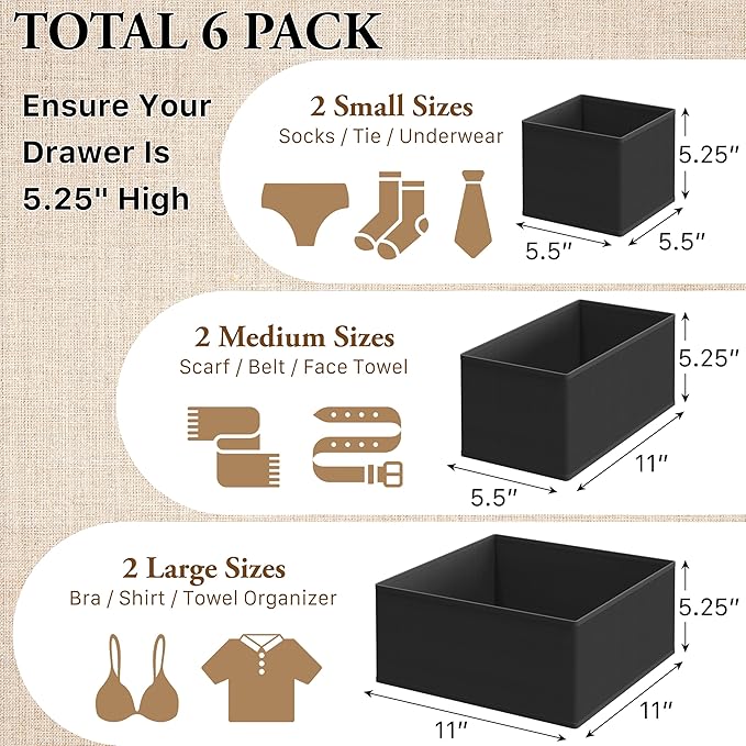 Simple Houseware Underwear Drawer Organizer, Set of 6, Black | for Lingerie/Undergarment/Bra/Panty/Sock/Onesie