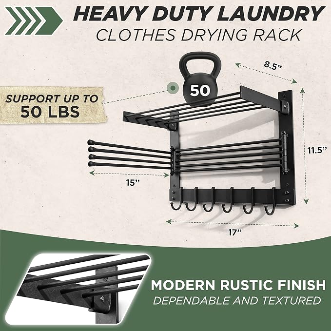 BATODA Wall-Mounted Steel Clothes Drying Rack - Swivel Towel Hanger for Laundry Room & Bathroom - Space Saver (Steel)