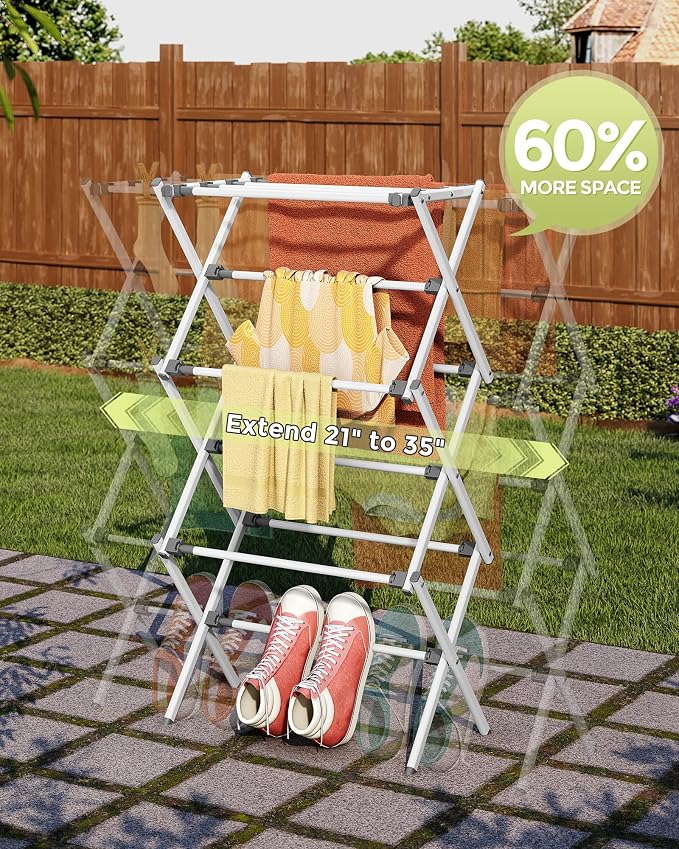 APEXCHASER 3-Tier Foldable Clothes Drying Rack, 37.6" H, White | Rust-resistant Metal, Tool-free Assembly, Extendable Drying Hanger, Fold Flat to Easy Storage, 11.8" D x 35" W, Holds 24lbs