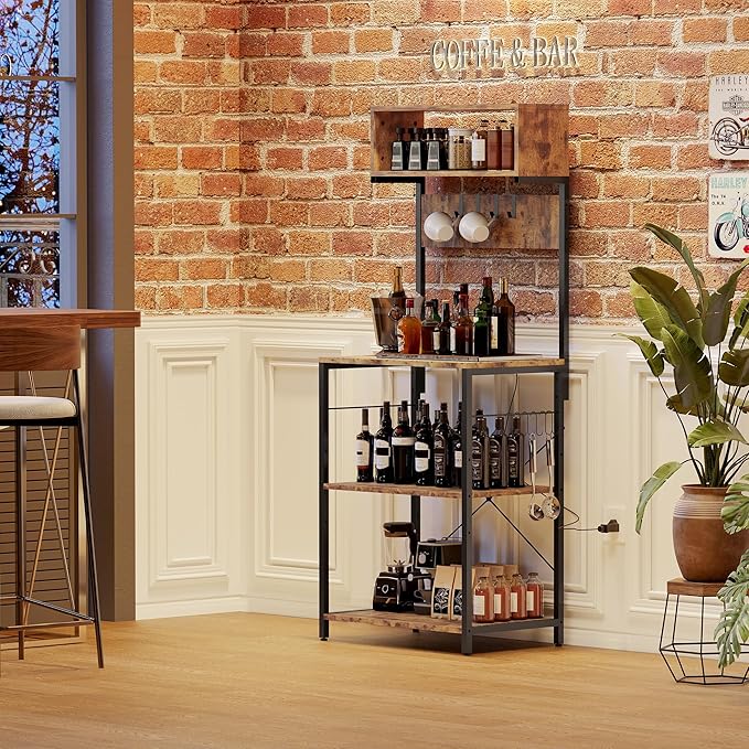 Baker's Rack for Kitchen with Outlet, Microwave Stand with Adjustable Shelves and 10 s Hooks, 6-Tier Coffee Bar Station with Storage, Kitchen Shelves for Spices, Pots