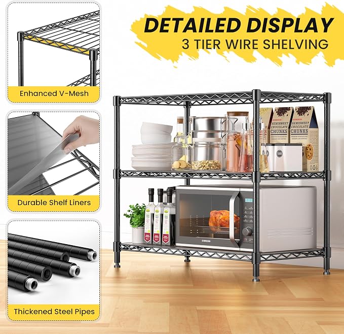 3-Tier Storage Shelves 795LBS Metal Shelving Unit, Adjustable Wire Rack Small Shelf Organizer with Shelf Liners for Kitchen Pantry Office Closet Garage 24" W x 14" D x 30.5" H Black