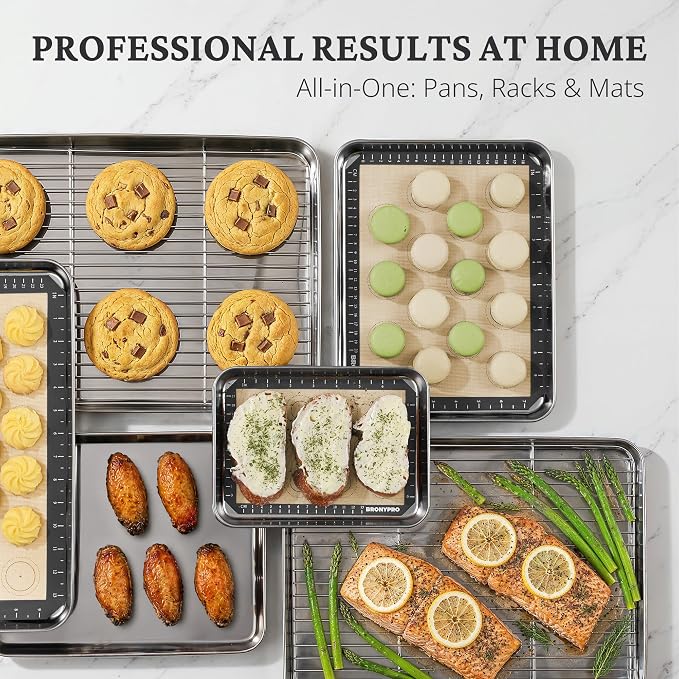 BRONYPRO 18/8 Stainless Steel Baking Sheet Set (2 Pans + 2 Mats+ 2 Racks) | Uncoated Cookie Sheets with Wire Rack & Macaron Silicone Mats, Non-Toxic (PFOA & PTFE Free), 16 In Jelly Roll Trays for Oven