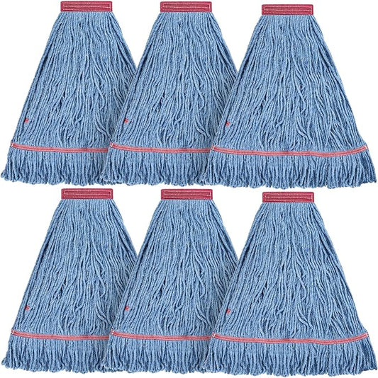 Matthew Cleaning 24oz Heavy Duty Mop Head Commercial Replacement for General and Floor Cleaning, Wet Industrial Blue Cotton Looped End String Head Refill (Pack of 6) Blue