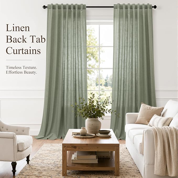 Hokibero Sage Green Linen Curtains 120 Inches Long Drapes for Living Room | Light Filtering Sheer Curtain 2 Panels, Back Tab Pocket Pleated Look, Green Privacy Drape for Bedroom Window, Boho Farmhouse