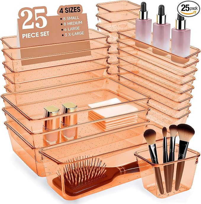 Coffee Acrylic Drawer Organizers Set Storage for Makeup, Office Desk Small Vanity Trays for Drawer Bathroom Plastic Make up Organizers 25 Pcs