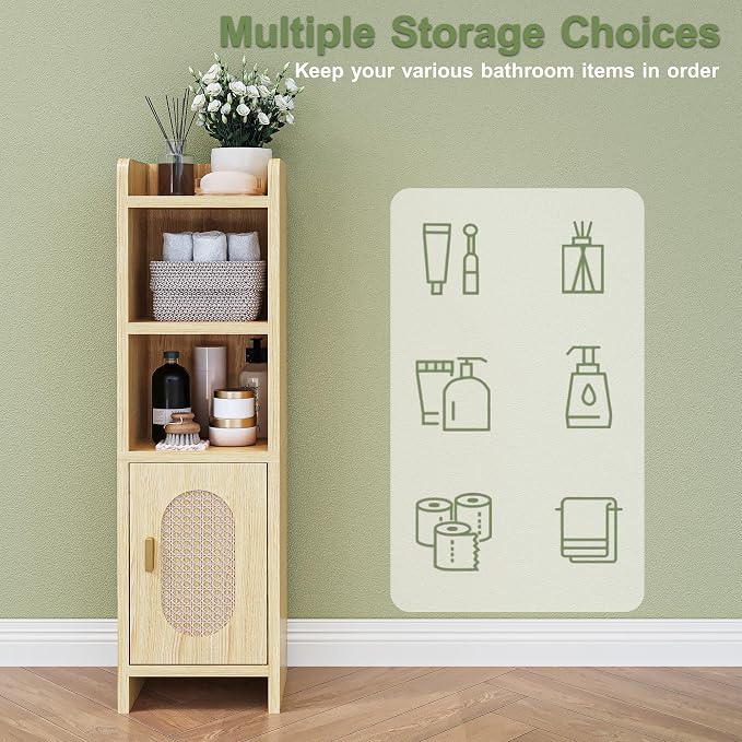Small Bathroom Storage Cabinet, Narrow and Slim Storage Cabinet with Rattan Door and Adjustable Shelves, Corner Floor Bathroom Organizers and Storage for Small Space, Natural HSC001N