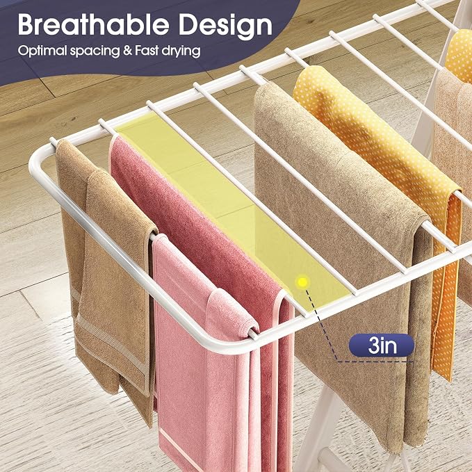 APEXCHASER Clothes Drying Rack, 67.7" L Height Adjustable, Foldable, White | 1.5"Folded, No Assembly, Space-Saving, Spacious Design, Adjustable Wings, Clips, Mesh Shelf, Shoe Rack, Indoor & Outdoor Use
