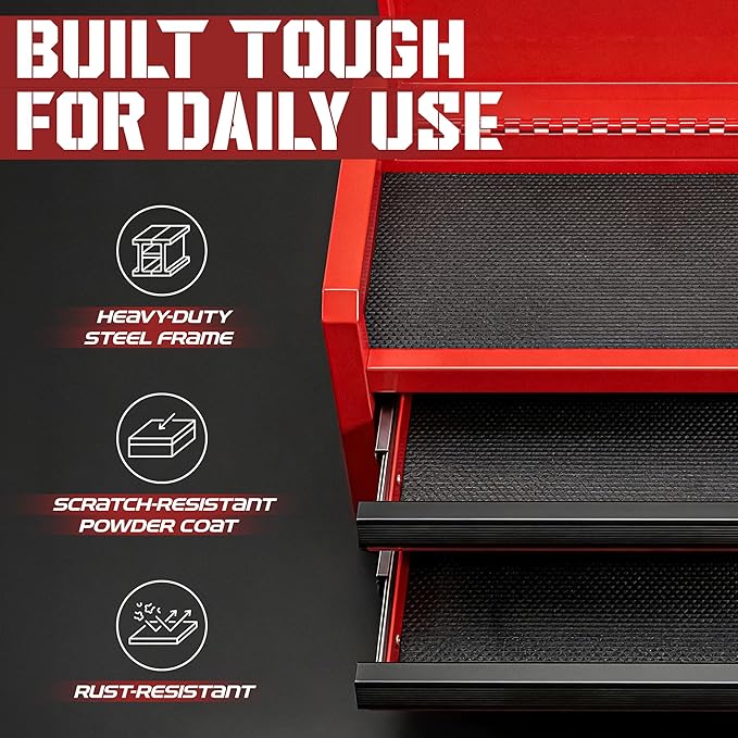Mini Toolbox with 2 Drawers and Top Storage, Durable Steel Construction with Ball-Bearing Slides, Multi-Purpose Portable Tool Boxes Case Organizer for Garage, Red