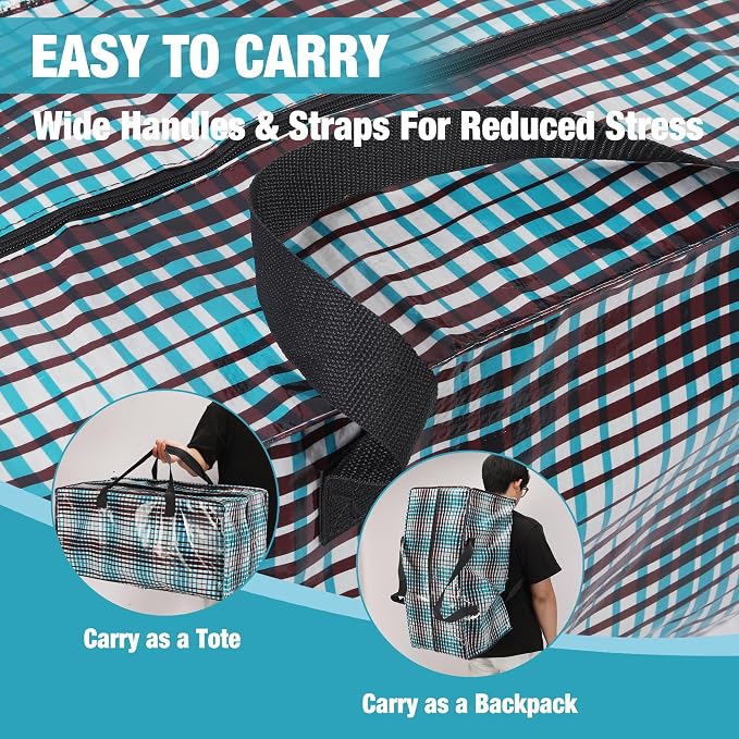 WORKPRO 6 Pack Extra Large Moving Bags with Backpack Straps & Handles | Heavy Duty Moving Storage Bags, Lattice Print, Double Zippers for Moving, Dorm, Closet Storage & Travel