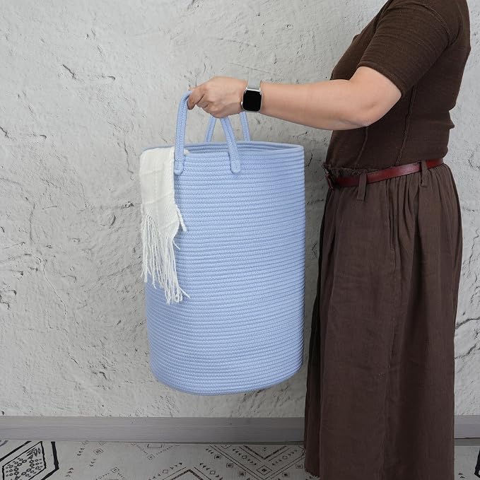 XUANGUO Cotton Rope Laundry Basket Hamper for Clothes, large light blue | Woven Storage Basket for Living Room Bedroom Boho Tall Rope Baskets for Blanket Toys Pillow Towels Baby Nursery Hamper Bin