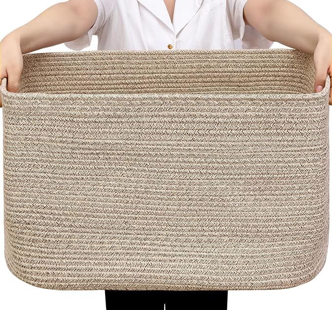 Optish 95L Large Blanket Basket, Woven Storage Baskets with Reinforced Handles, Rope Laundry Basket for Living Room, Bedroom, Nursery, Toys, Clothes,Pillows, 24” x 17” x 13.5”, Brown
