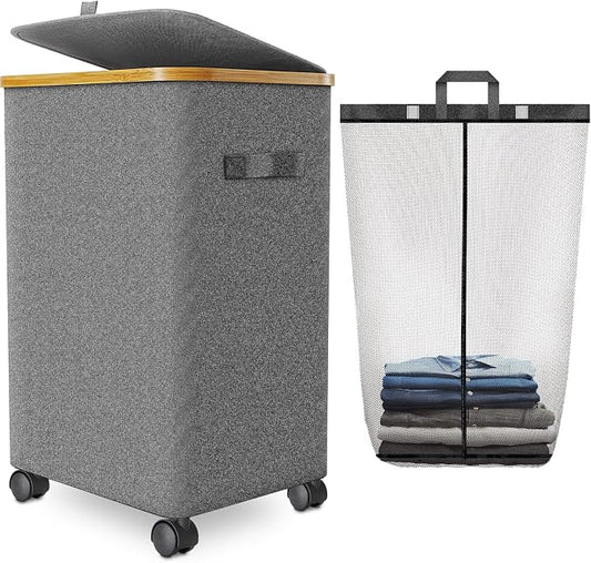 Laundry Hamper with Wheels, 75L Rolling Laundry Basket with Lid | Clothes Hampers for Laundry with Inner Bag, Dirty Clothes Hamper for Bedroom, Dorm, Bathroom, Laundry Room