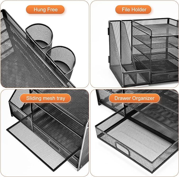 Marbrasse Desk Organizer with File Holder, 5-Tier Paper Letter Tray Organizer with Drawer and 2 Pen Holder, Mesh Desktop Organizer and Storage with Magazine Holder for Office Supplies(Black)