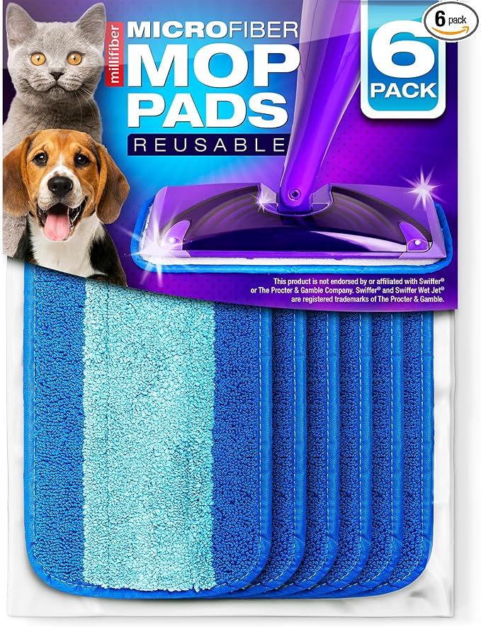 Millifiber Reusable Mop Pads for Swiffer WetJet Mops (6 Pack), Blue | Washable wet mopping cloths, microfiber replacement refills, hardwood floor cleaning pads