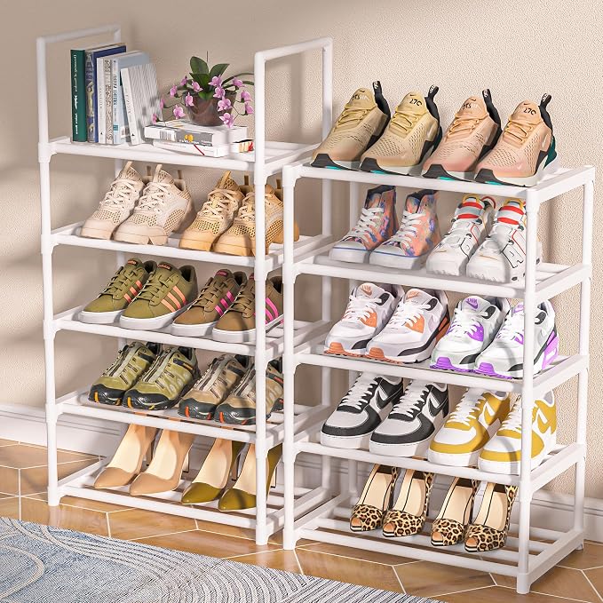 OYREL Shoe Rack, Sturdy Metal Space Saving Stackable Shoes Organizer | Closet, Entryway, Garage, Door Entrance, 10-Tier Narrow Shoe Shelf, Free Standing Shoes Holder, White