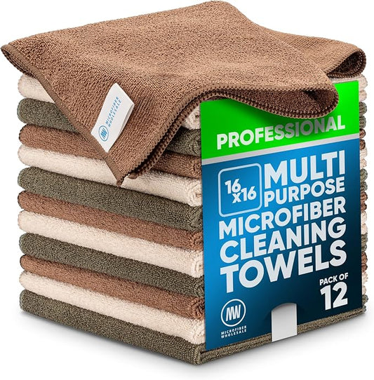MW Pro Multi-Surface Microfiber Towel – Sand, Olive, Tan 12 Pack |16"x16" Premium Cleaning Cloth | Clean, Dust, Polish, Absorb | Large