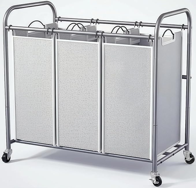 ROMOON Laundry Sorter Hamper 3 Section, Divided Laundry Basket Organizer | Rolling Clothes Hamper with Heavy Duty Lockable Wheels and Removable Bags for Apartment, Dorm & Family, 135L, Neutral Gray