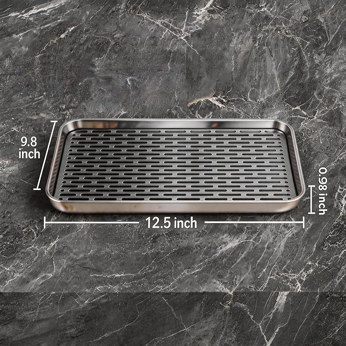 Stainless Steel Drain Tray, Cup & Dish Drying Rack, Drain Board 2 Tier Non Slip Serving Tray with Drainboard Perfect for Sink, Coffee Table, Outdoor (12.5 x 9.8 x 0.98 in)