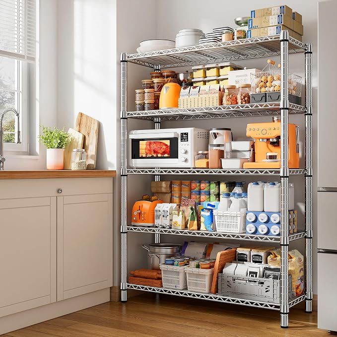 REIBII 5 Tier Metal Shelving Storage Shelves, 71''H Adjustable Wire Shelves Garage Shelving Unit for Kitchen, Pantry, Laundry Room, Warehouse, Office, 71H X 35.5W X 14D, Chrome