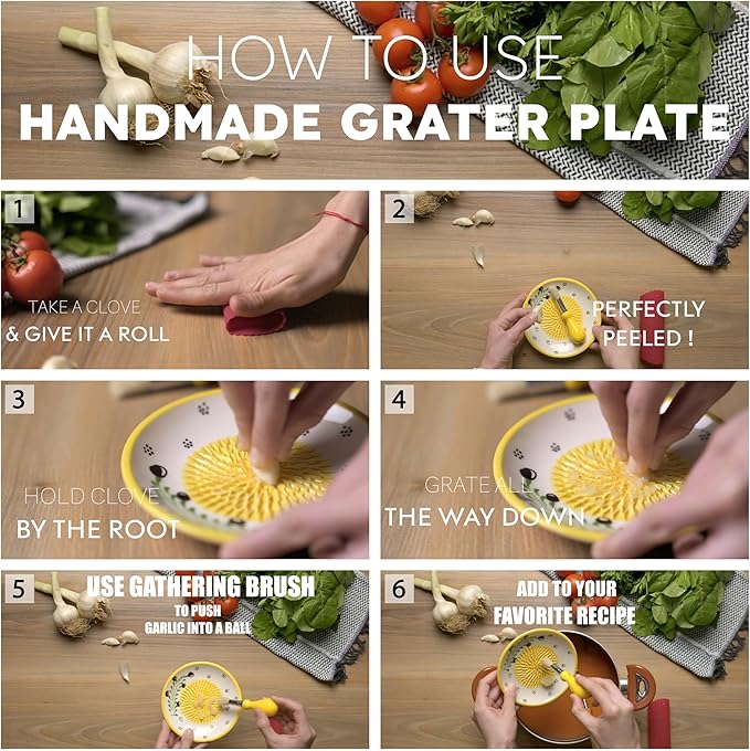Ceramic Garlic Grater Plate - Handmade 4 Pcs Press - Natural Grinder - Decorative Mincer - Ginger, Cheese Grater - Hand Dish for Garlic (Blue)
