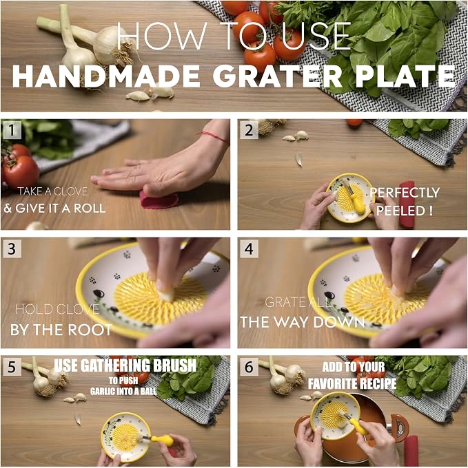 Ceramic Garlic Grater Plate - Handmade 4 Pcs Press - Natural Grinder - Decorative Mincer - Ginger, Cheese Grater - Hand Dish (Vanilla White)