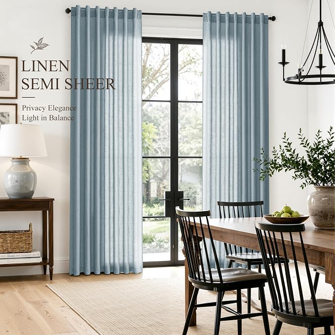 Hokibero Blue Linen Curtains 63 Inches Long Drape for Living Room 2 Panels | Light Filtering Sheer Curtain, Back Tab Rod Pocket Pleated Look, Dusty Blue Privacy Drapes for Bedroom Window, Boho Farmhouse