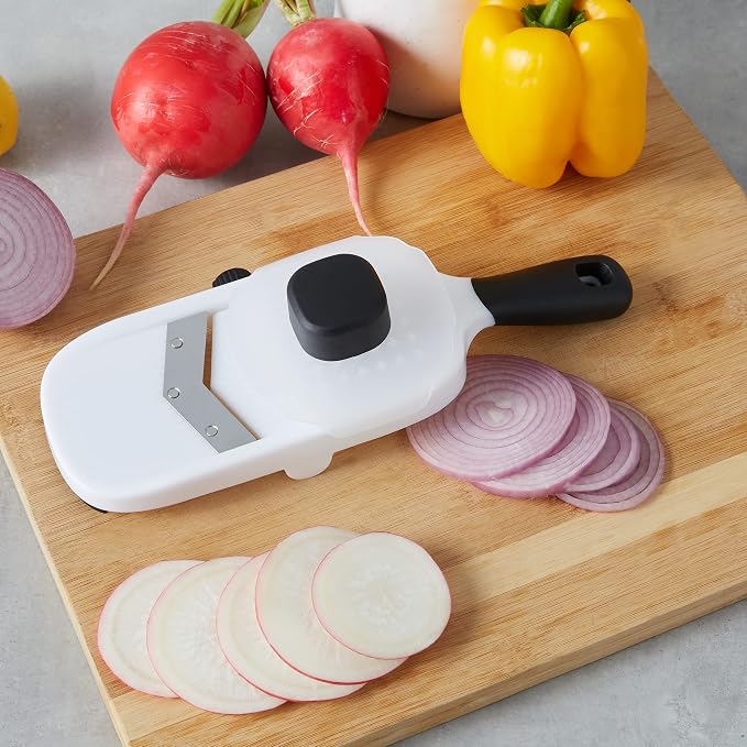 Amazon Basics Hand-held Safe Mandoline Slicer for Vegetables and Fruits, Adjustable Thickness, Stainless Steel Blade, White, 11.3" x 4.5" x 2.5"