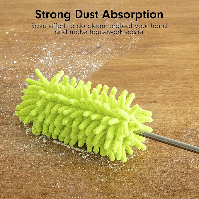 Duster for Cleaning, 10-29" Extension Pole, 2 Washable Heads, Green | Microfiber Heads, Wet Or Dry, Detachable, Hand Washable, Easy Storage, For Cars, Offices, Windows, Furniture And Ceiling Fans