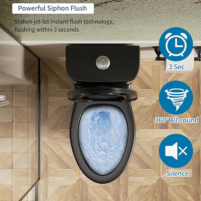 Black One Piece Toilets for Bathrooms, Compact Dual Flush Toilet Elongated with Soft Closing Seat, Modern 12 Inch Rough in Toilet, 1.6 GPF & Map 1000g, Comfort Height, Silent Design (Black)