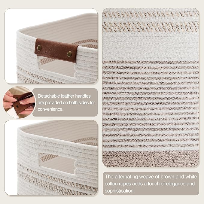 85L Tall Woven Laundry Basket Hamper with Leather Handles,Brown | collapsible wicker hamper, storage for dirty clothes, toys, blankets, gifts, living room, bedroom, bathroom, 17"x14"x22"
