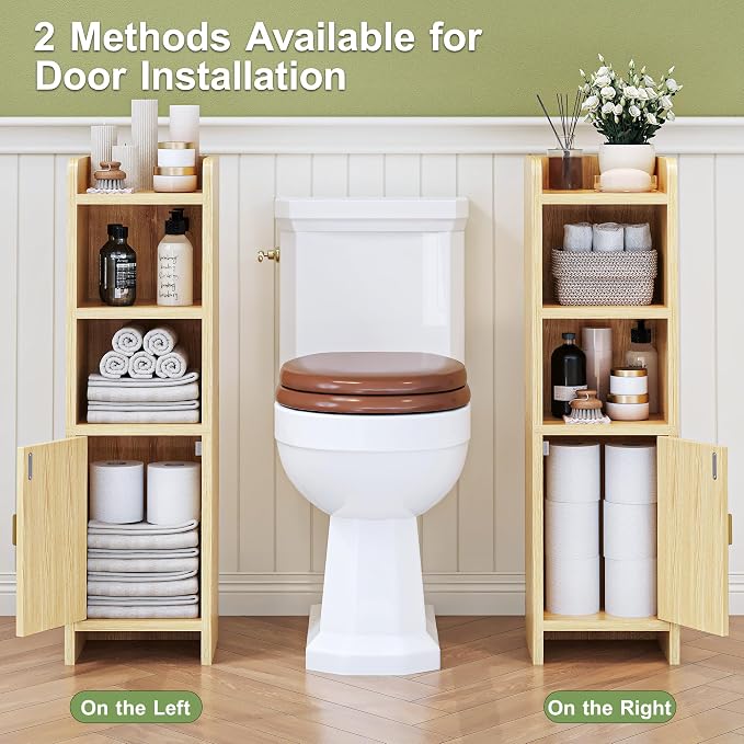 Small Bathroom Storage Cabinet, Narrow and Slim Storage Cabinet with Rattan Door and Adjustable Shelves, Corner Floor Bathroom Organizers and Storage for Small Space, Natural HSC001N
