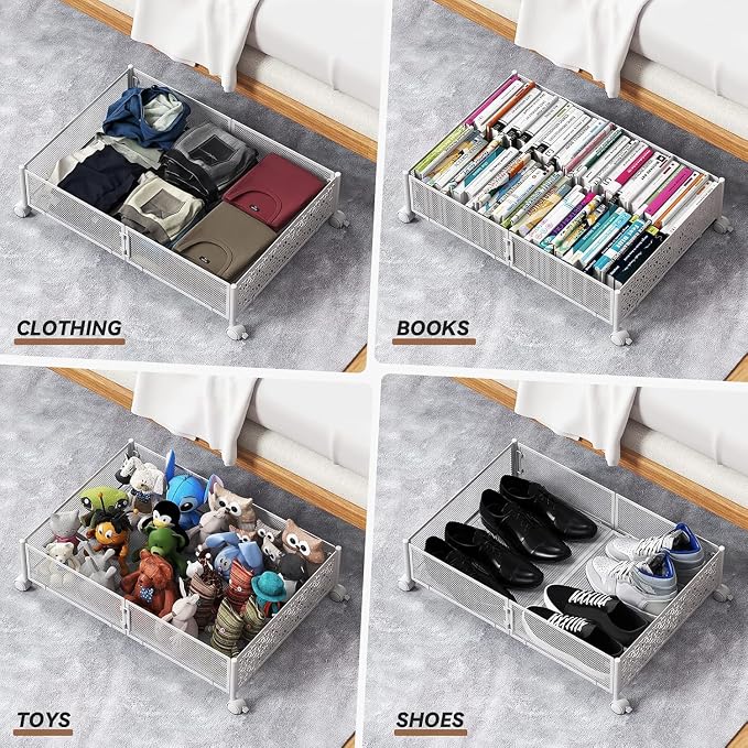 PHINOX Under Bed Storage with Wheels,Patterned,Sturdy Metal,4 Pack,White | Tool-free assembly, glide smoothly, easy reach, foldable, maxmazie low-profile beds, dorm, keep seasonal clothes, shoes fresh