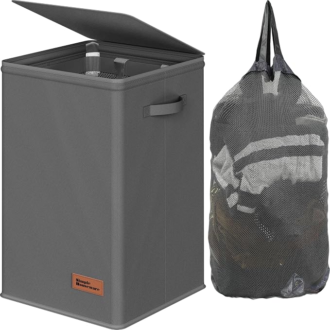 Simple Houseware Foldable Laundry Hamper Basket with Lid and Bag, Dark Gray | Heavy Duty 600D Polyester, Water-Resistant Surface
