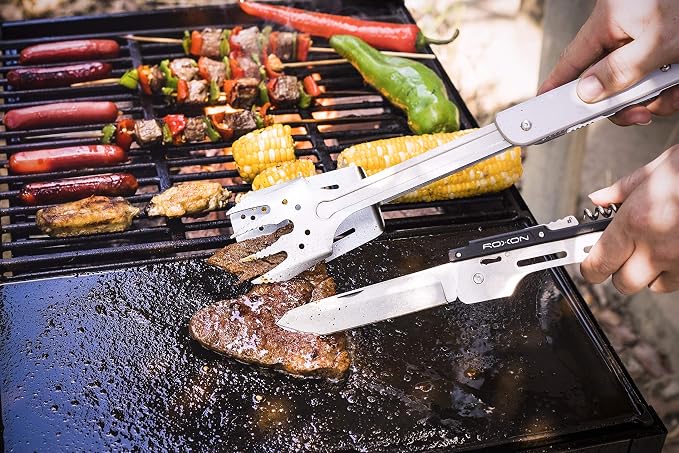 ROXON S601 6-in-1 Folding Grill Tool Set, 14" BBQ Utensils for Camping Grey | Includes Fork, Spatula, Knife, Tongs, Bottle Opener & Corkscrew. LFGB Certified, Dishwasher-Safe, Portable for Outdoor BBQ