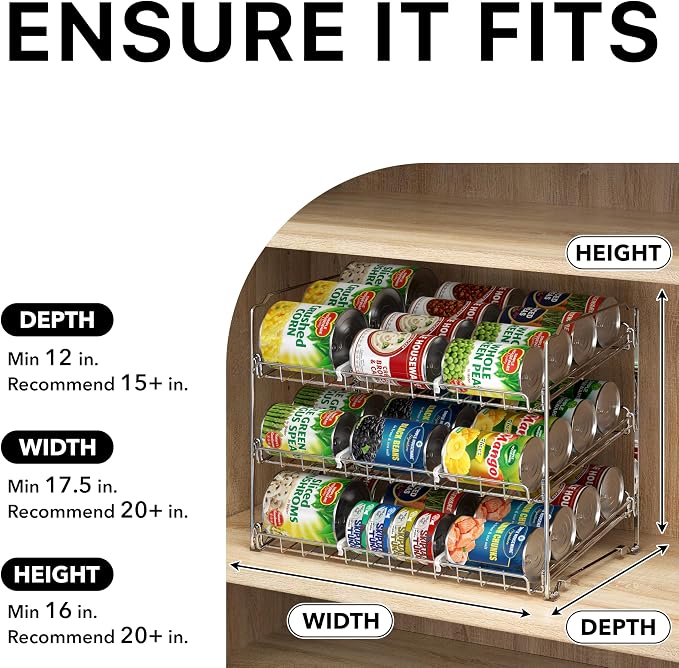 Simple Houseware Stackable Can Organizer Rack for Pantry/Cabinet – 11.5" D x 17" W x 13.75" H, Holds 36 Cans, 3-Tier Can Food Storage Dispenser, Chrome