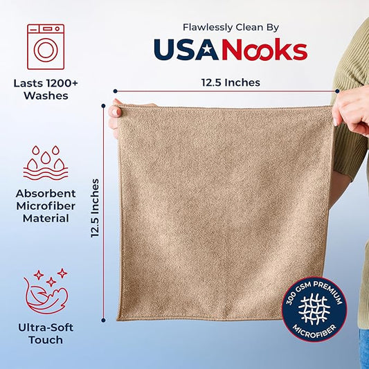USANOOKS Microfiber Cleaning Cloth - Beige - 50Pcs (12.5x12.5 inch) High Performance - 1200 Washes, Ultra Absorbent Car Towel Traps Grime & Liquid for Streak-Free Mirror Shine - car Washing Cloth