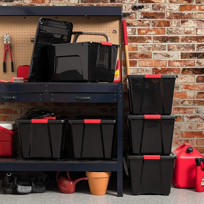 IRIS USA 54 QT Plastic Storage Box with Lid and Latches - 6 Pack - BPA-Free, Garage Organizing Solution, Durable Nestable Stackable Containers, Secure Pull Handle - Black