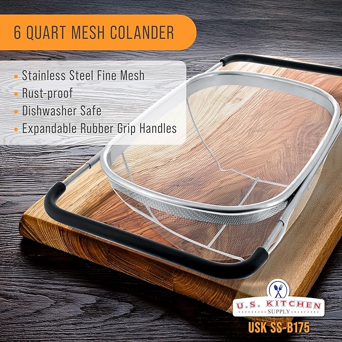 U.S. Kitchen Supply Stainless Steel Colander Strainer - 6-Quart Collapsible Colander with Expandable Rubber Handles - Rectangular Sieve, Fine Mesh Stainless Steel Strainers and Colanders for Kitchen