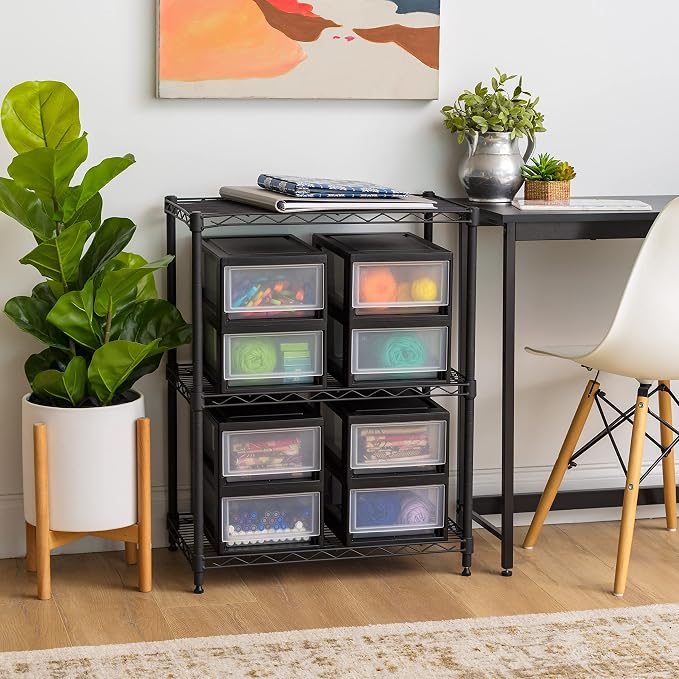 IRIS USA 8-Pack, 6 Qt. Small Stacking Drawer Storage Organizer, Black | Organize craft supplies, accessories, office items, and small essentials around your home with separate storage spaces