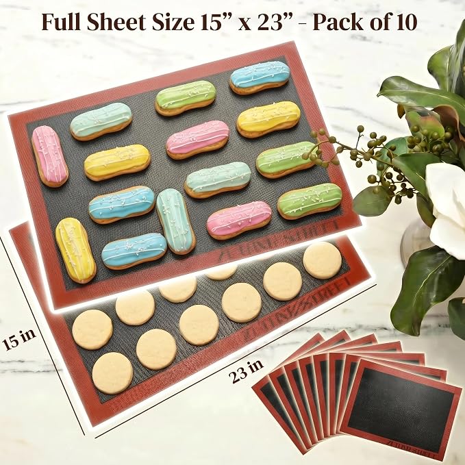 Perforated Silicone Baking Mats for Full Sheet Pan 15x23in, Eclair Silicone Baking Mat, Nonstick Reusable Breathable Air Mat, Heat Resistant, Pack of 10