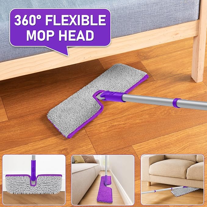 2-Sided Microfiber Flat Mop for Hardwood Floors & Walls Cleaning | Flip Dust Broom, Wet Dry Use, 3 Chenille & Microfiber Pads, 58" Handle, 360° Swivel, Sweep Pet Hair, Tile, Laminate, Kitchen