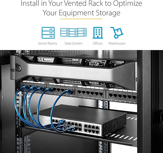 StarTech.com 2U Server Rack Shelf - Universal Vented Rack Mount Cantilever Tray for 19" Network Equipment Rack & Cabinet - Heavy Duty Steel - Weight Capacity 50lb/23kg - 22" Deep Shelf (CABSHELF22V) | Universal 19in fit, Network equipment rack and cabi...