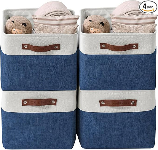 DECOMOMO Storage Baskets for Shelves - Fabric Storage Bins, Linen Closet Organizers and Storage (Navy Blue & White, Large - 4 Pack)