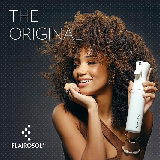 FLAIROSOL - The Original, Spray Bottle for Hair, Continuous Ultra Fine Water Mister Spray Bottle for Hairstyling, Barbers, Salons, Cleaning, Plants, 10.1oz/300ml, White Bottle - Black Print