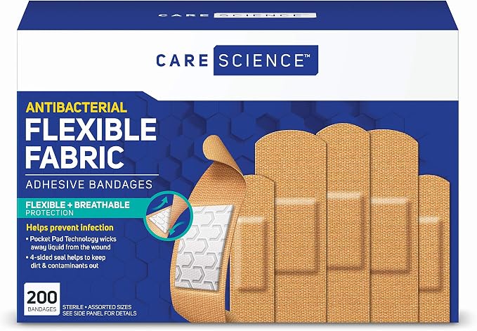 Care Science Fabric Adhesive Bandages, Assorted Sizes, 200 Count | Flexible + Breathable Protection for First Aid and Wound Care.