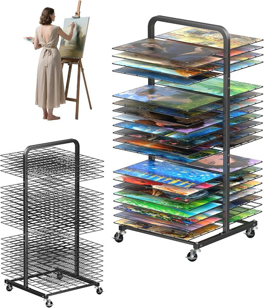 Art Drying Rack with 40 Removable Shelves, Mobile Metal Paint Drying Stand with Lockable Wheels, Functional Canvas Rack Art Storage for Artwork in Classrooms, Art Studios and Schools, Black