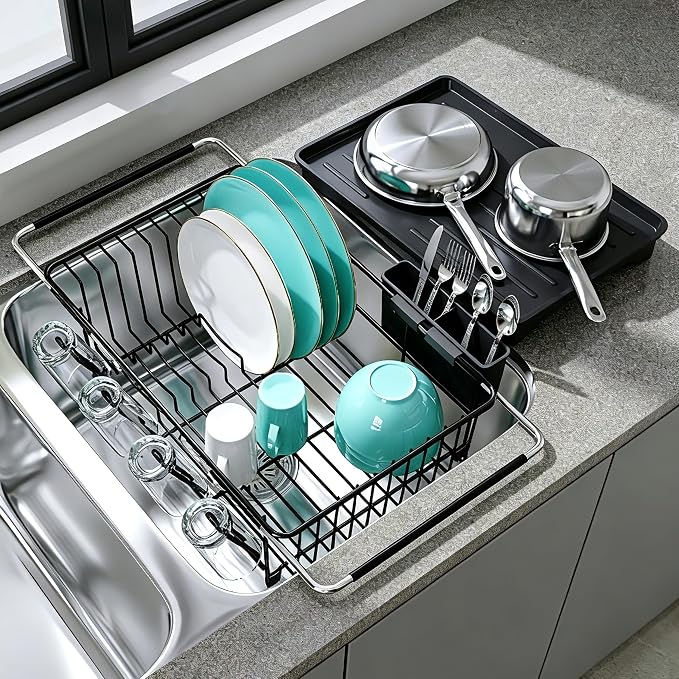 JASIWAY Black Sink Dish Drying Rack with Drainboard, Expandable Stainless Steel Dish Drainers for Kitchen Counter, Space Saving Dish Dryer Rack, Over The Sink Dish Racks with Utensil Holder